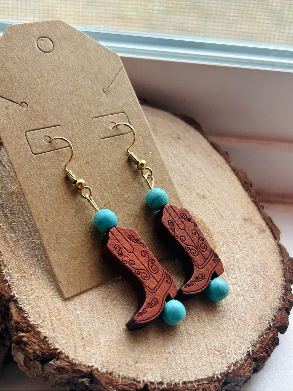 Handmade Western Cowboy Boot Earrings Turquoise Cowgirl Boho Rodeo NWT - Picture 2 of 4